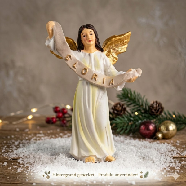 Handbemalte Krippenfigur Glorienengel mit Gloria Tuch, ca. 9,5 cm, K 176-9